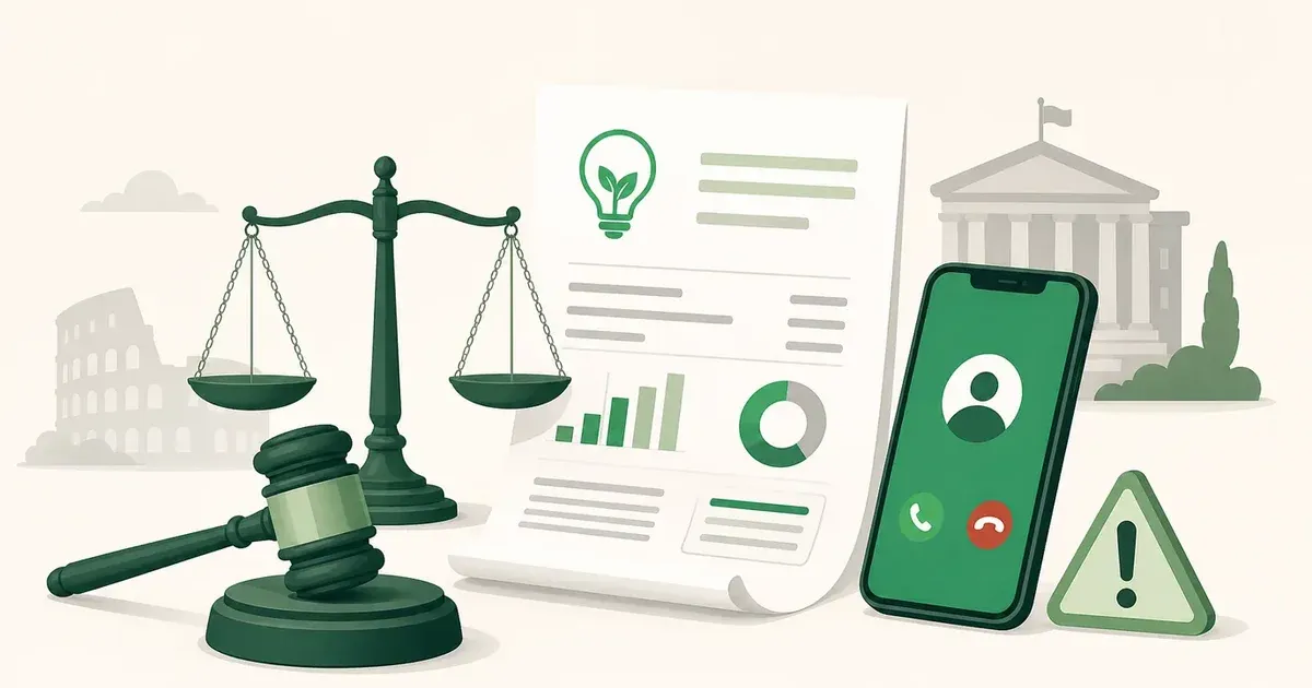 AGCM avvia un'istruttoria su Rec Energy: bilancia della giustizia accanto a una bolletta luce e gas e a un telefono, a simboleggiare il controllo dell'Antitrust sulle pratiche commerciali nel mercato dell'energia