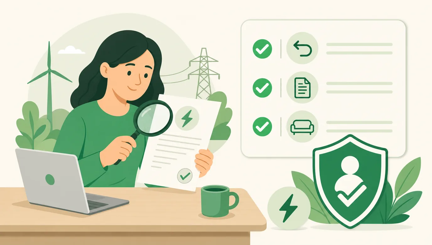 Consumatore che verifica un contratto luce e gas con una lente d'ingrandimento accanto a una checklist dei propri diritti e a uno scudo di protezione, a simboleggiare la tutela nel mercato dell'energia