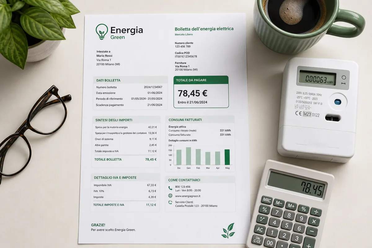 Bolletta dell'energia elettrica spiegata sezione per sezione: lettura dei consumi, fasce orarie, spesa materia energia e oneri di sistema