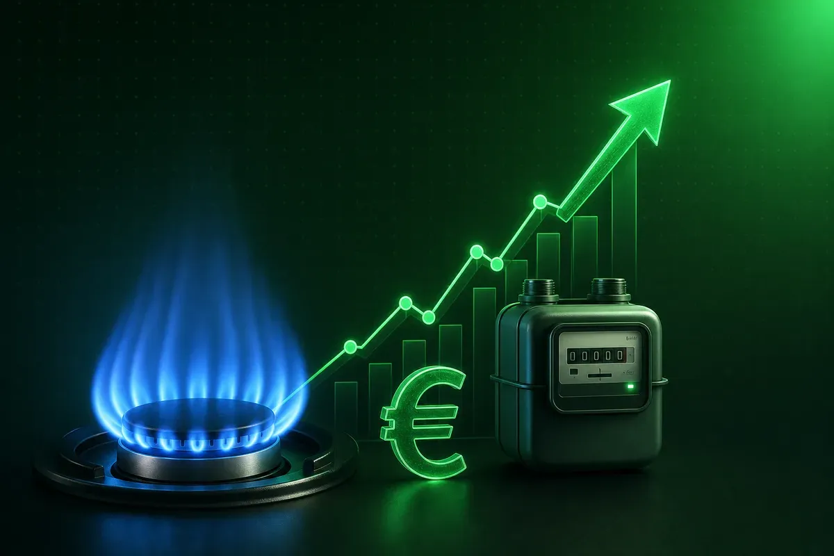 Rincaro della bolletta del gas nel 2026: grafico in salita, fiamma del gas e banconote a illustrare l'aumento della spesa media annua per le famiglie