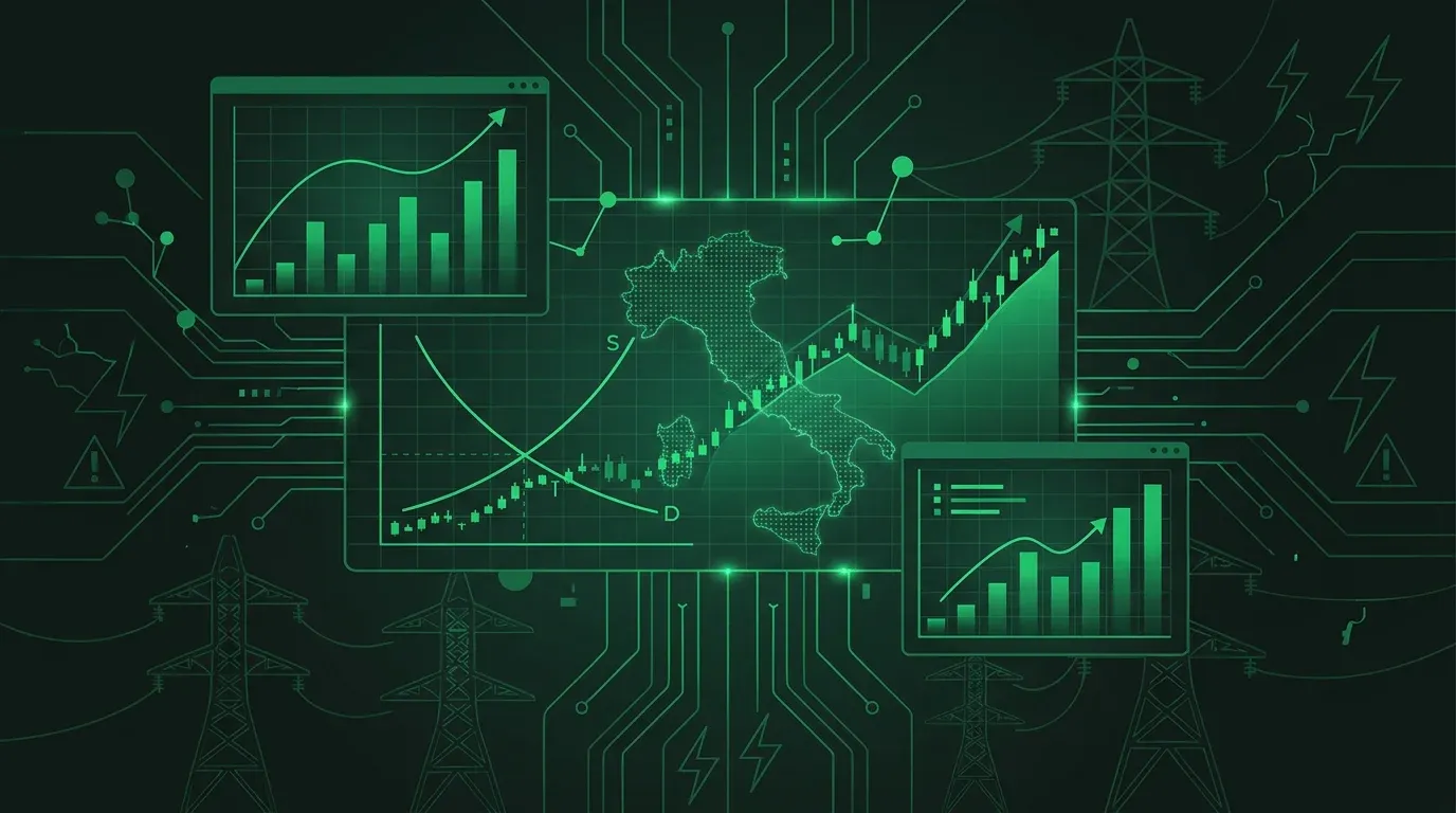 Borsa dell'energia in Italia: schema del mercato all'ingrosso elettrico con grafici dei prezzi PUN e contrattazione