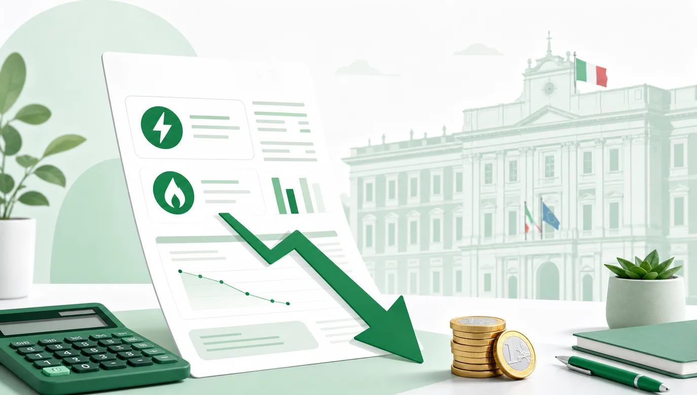 Decreto Bollette 2026: bolletta luce e gas con freccia verde di risparmio, calcolatrice e monete a simboleggiare la riduzione dei costi per famiglie e imprese