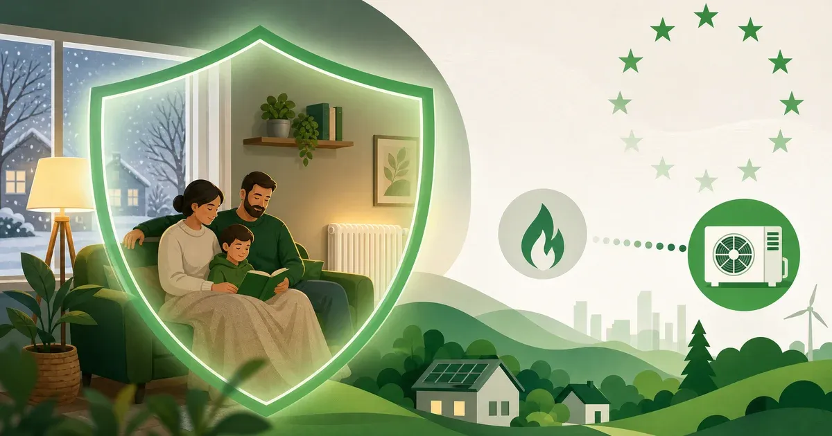 Famiglia protetta dal distacco del gas davanti a un contatore con scudo verde di tutela, simbolo della Raccomandazione UE 2026/1001 sui clienti vulnerabili e la dismissione equa della rete del metano