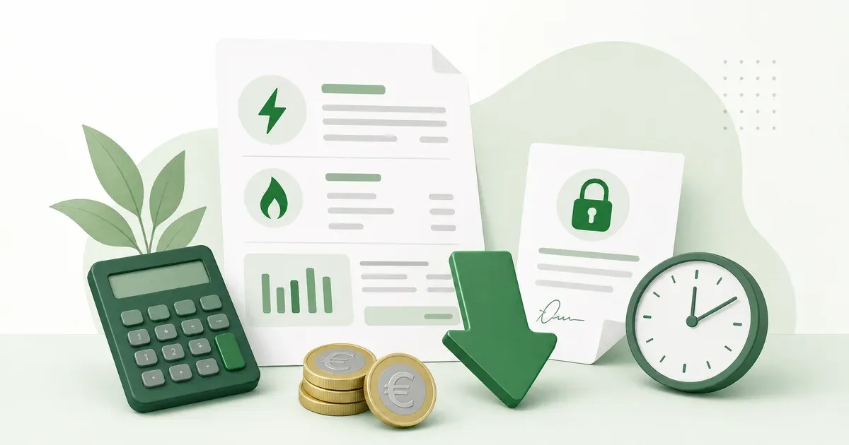 Penali di recesso anticipato nei contratti luce e gas: bolletta energetica con calcolatrice, monete e contratto a prezzo fisso, a illustrare il calcolo dei costi di recesso al cambio fornitore