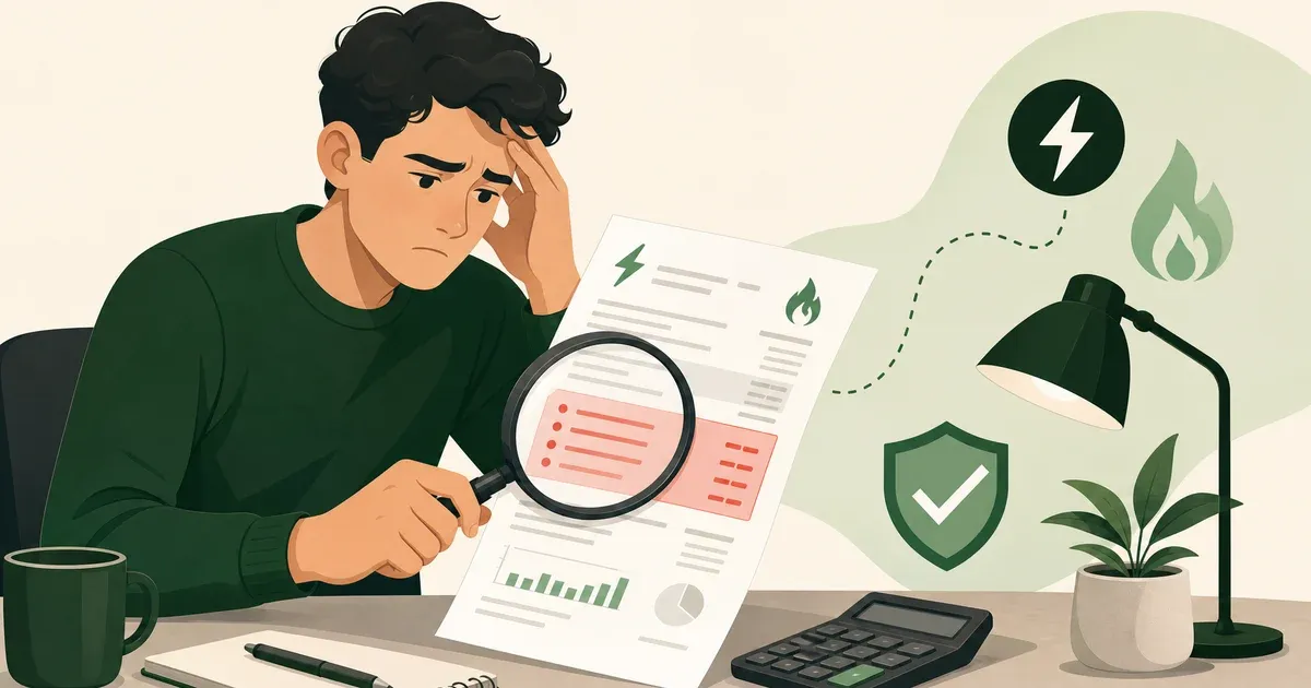 Persona che prepara un reclamo scritto al fornitore di luce e gas con bolletta, contatore e lettera di contestazione, a illustrare la gestione reclami nel settore energia
