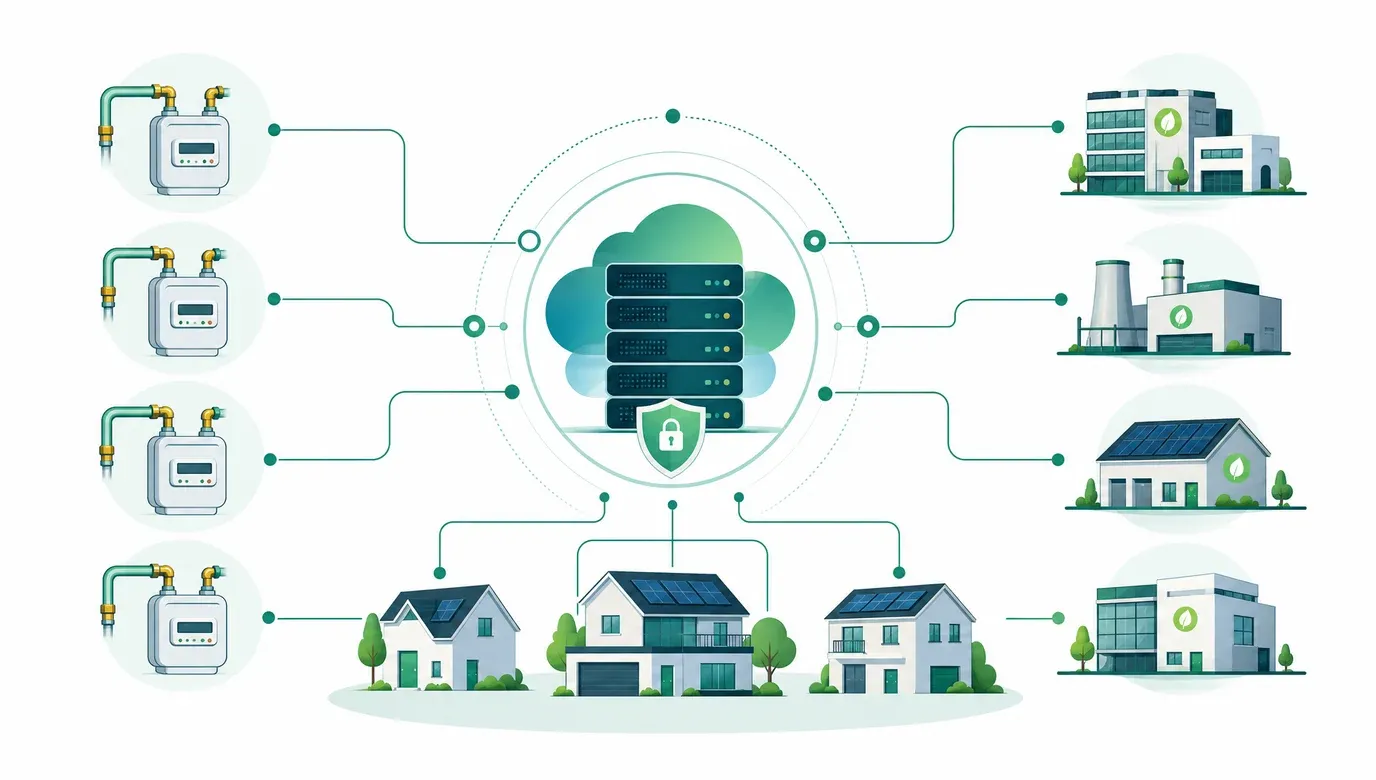Schema del Sistema Informativo Integrato SII che collega contatori del gas, abitazioni e fornitori di energia in una piattaforma nazionale digitale per la gestione delle volture